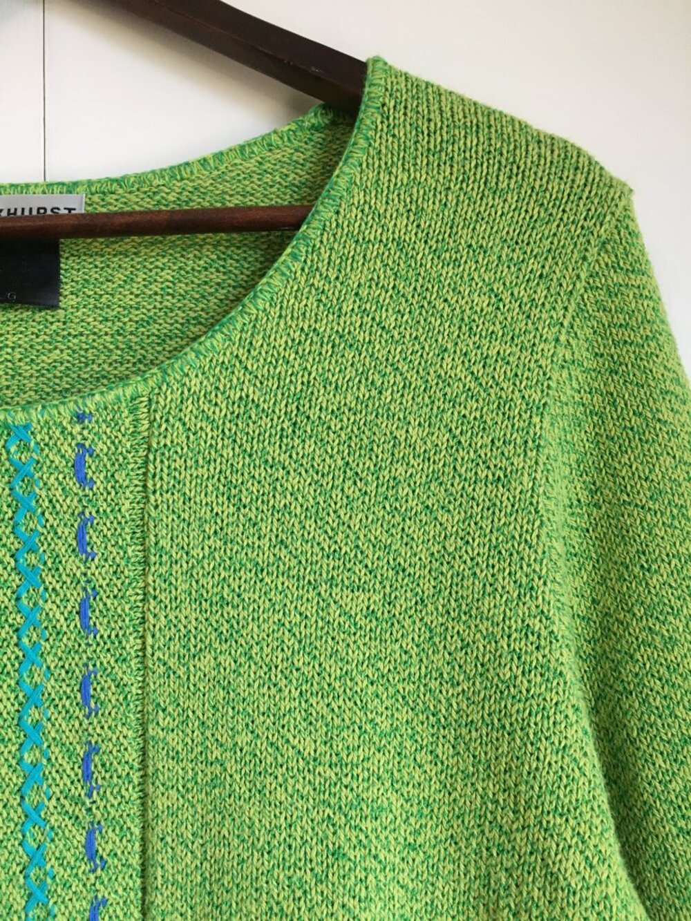 Vintage 90s Parkhurst Lime Green Knit Stitchwork Cotton Blend Sweater L - Picture 4 of 16